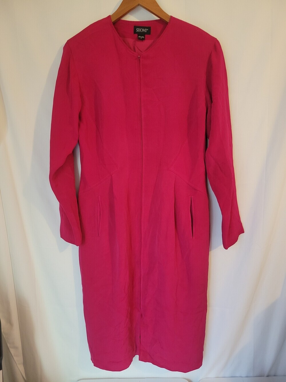 SHOMI Women's‎ Size 12 Fuchsia 100% Silk Long Sleeve Zipper Sheath Dress Pockets
